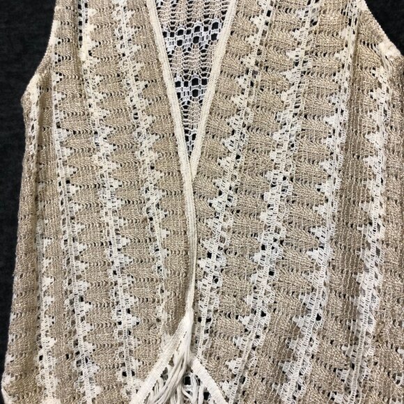 Chicos Size 0 Duster Women's Tan Vest Crochet‎ Open Front Sleeveless Fringe - Picture 3 of 5